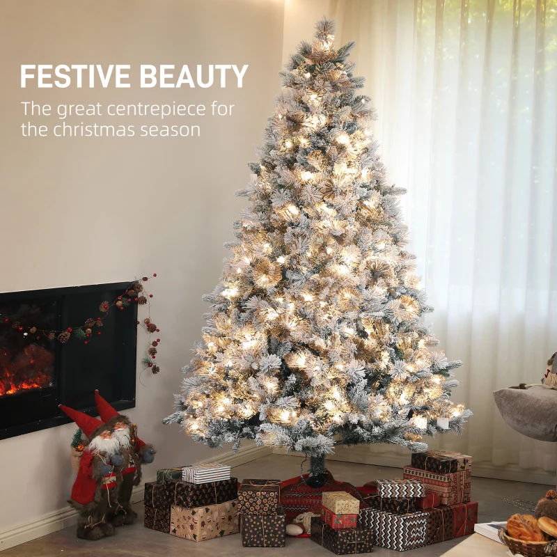 HOMCOM 7.5 ft Prelit Flocked Artificial Christmas Tree with 500 Clear Lights, 1530 Tips, Metal Stand for Home Office Holiday