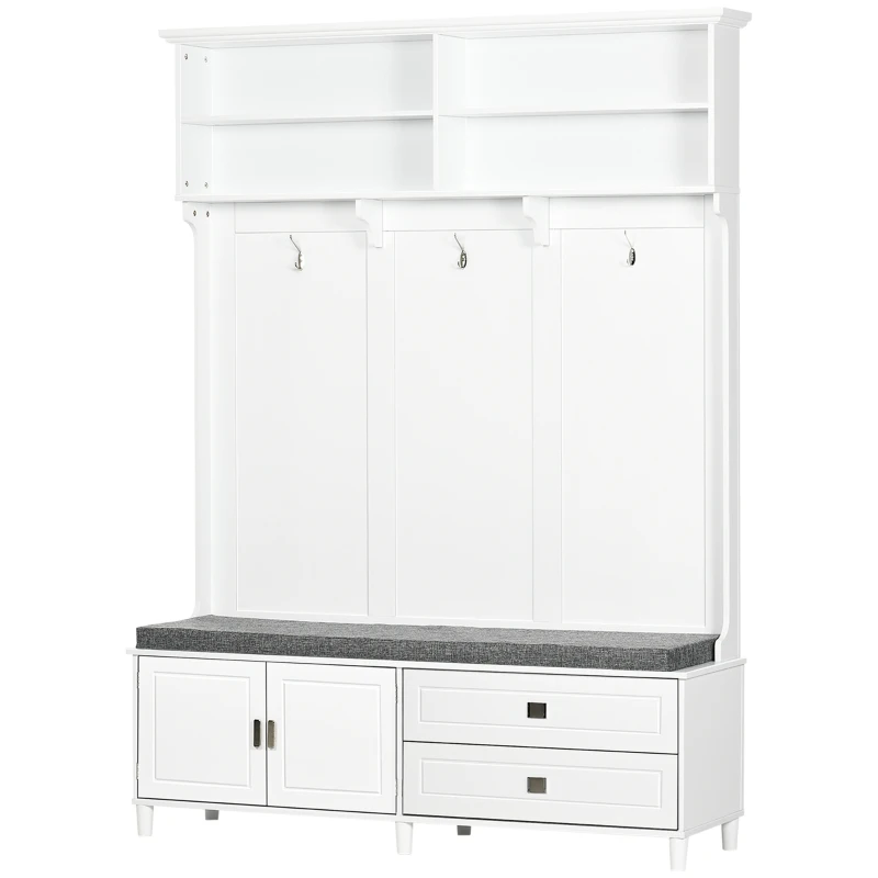 HOMCOM Hall Tree with Storage Bench, Entryway Bench with Coat Rack, Accent Coat Tree with Storage Shelves, Cabinet and Drawers for Hallway, Mudroom, White