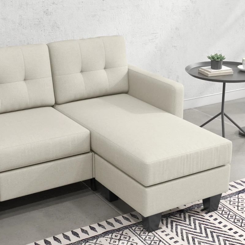 HOMCOM Small Corner Sofa, 3 Seater Sectional Couch with Ottoman, Corner Sofa with Thick Padded Cushion and Wood Legs, Beige