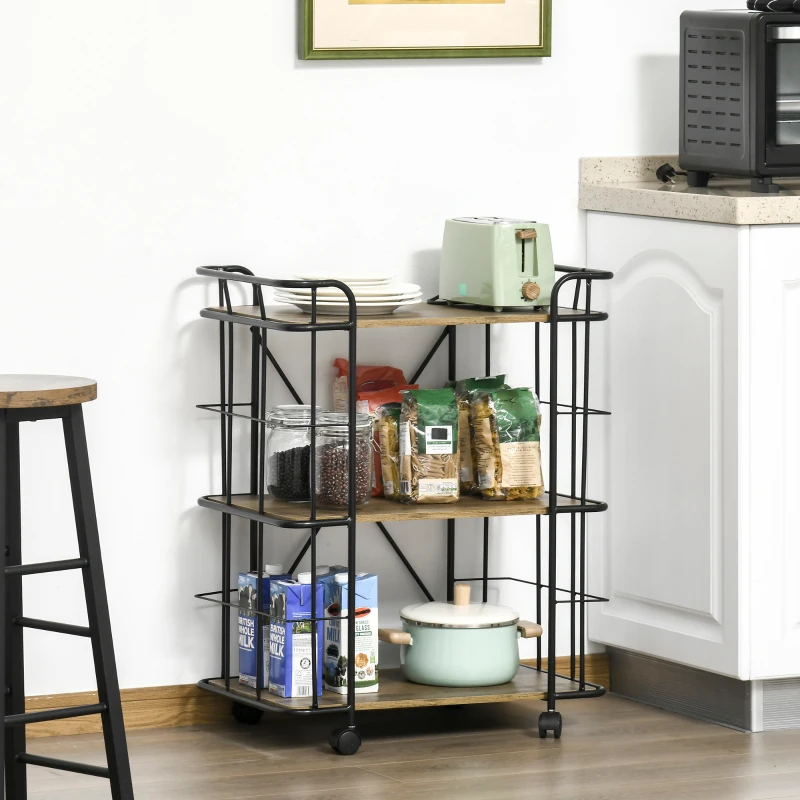 HOMCOM Bar Cart, Industrial Kitchen Cart with Wheels , Rolling Utility 3 Storage Shelves for Dining Room, Laundry Room, and Bathroom, Light Brown Wood Grain