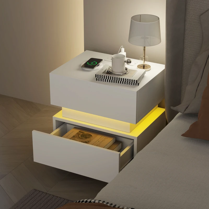 HOMCOM Bedside Table with Charging Station and LED Light Modern Nightstand with USB Ports AC Outlets Drawers Remote, White