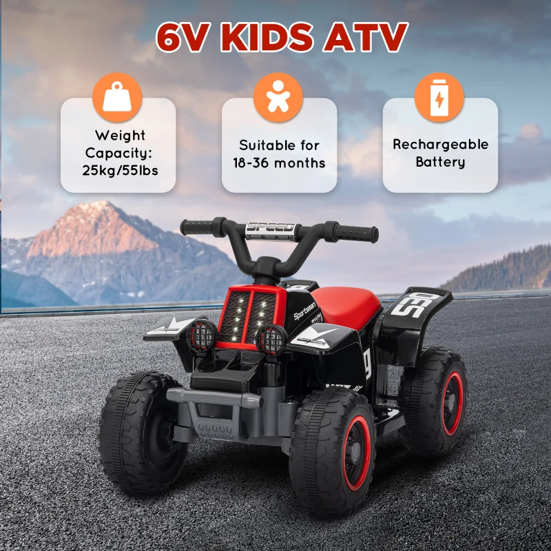 Qaba 6V Kids ATV Quad, 4 Wheeler Battery Powered Electric Ride on Car w/ Lights, Forward Backward, Black