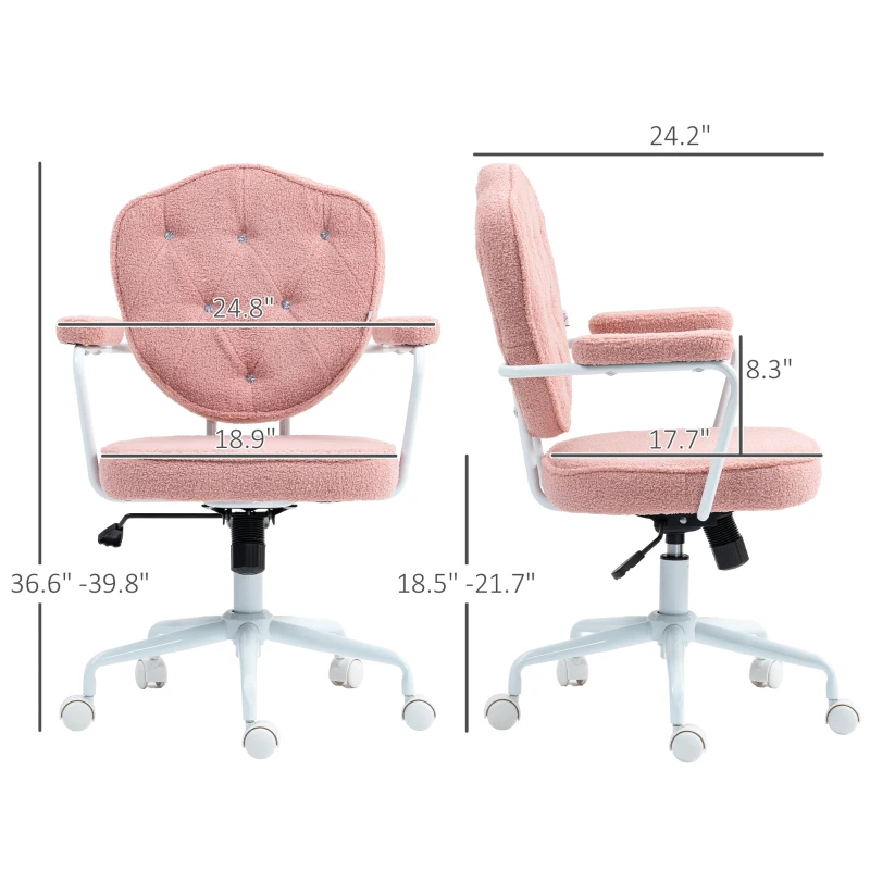 HOMCOM Cute Office Chair, Desk Chair with Button Tufted Teddy Bear Fleece, Swivel Computer Vanity Chair, Pink