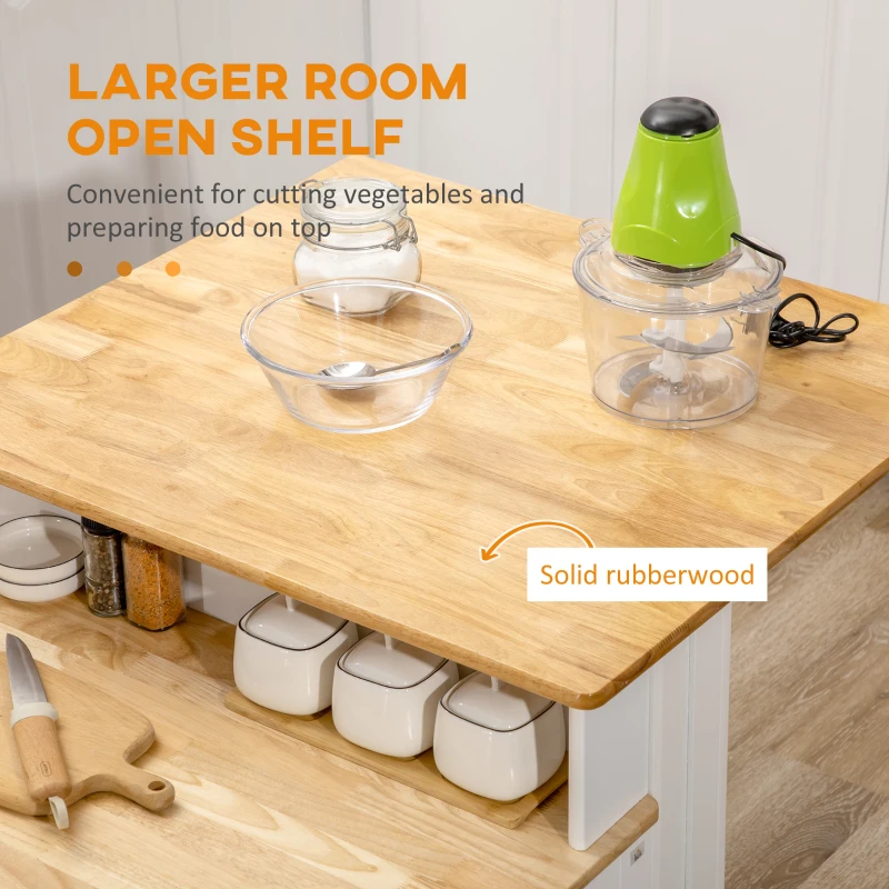 HOMCOM Kitchen Island with 2-Level Rubber Wood Tabletop, Island Table with Adjustable Shelves and Drawers, White