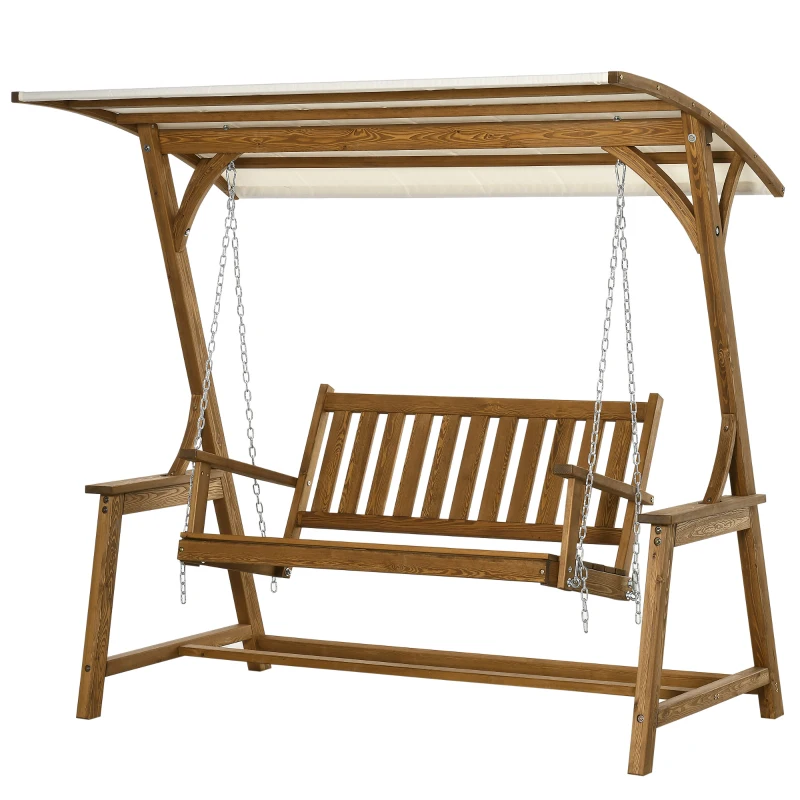 Outsunny 2 Seater Patio Swing Chair with Canopy and Hanging Chains, Wooden Porch Swing Glider, Outdoor Swing Loveseat, for Garden, Poolside, Backyard