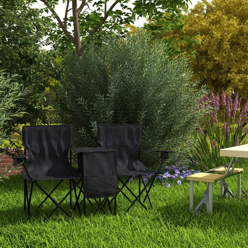 Outsunny Double Camping Chairs for 2 People with Cooler Bag Table Cup Holder Portable Folding Lawn Chair with Carrying Bag Black