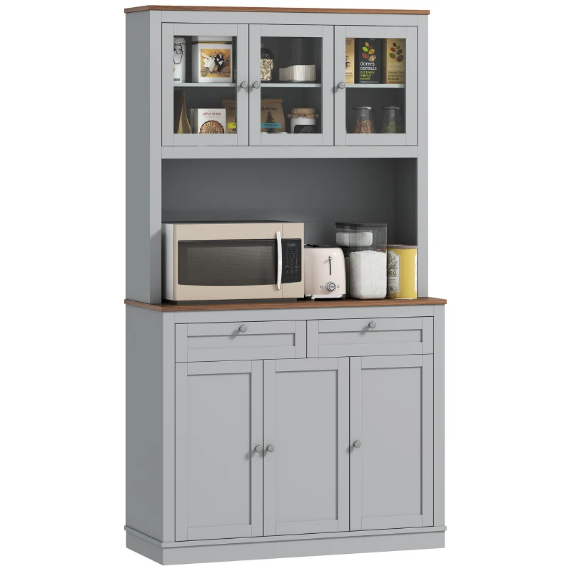 HOMCOM 71" Kitchen Pantry Cabinet with Microwave Stand, Kitchen Hutch with 2 Drawers and Adjustable Shelves, Gray