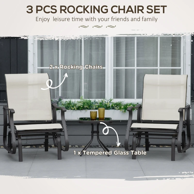 Outsunny 3PCs Gliding Rocking Chair & Bistro Tea Table Set, Cream White