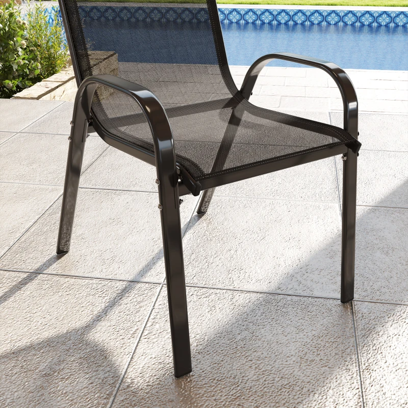 Outsunny Set of 2 Outdoor Dining Chairs, Stackable Lawn Chairs with High Back, Breathable Mesh Seat for Garden Porch, Black