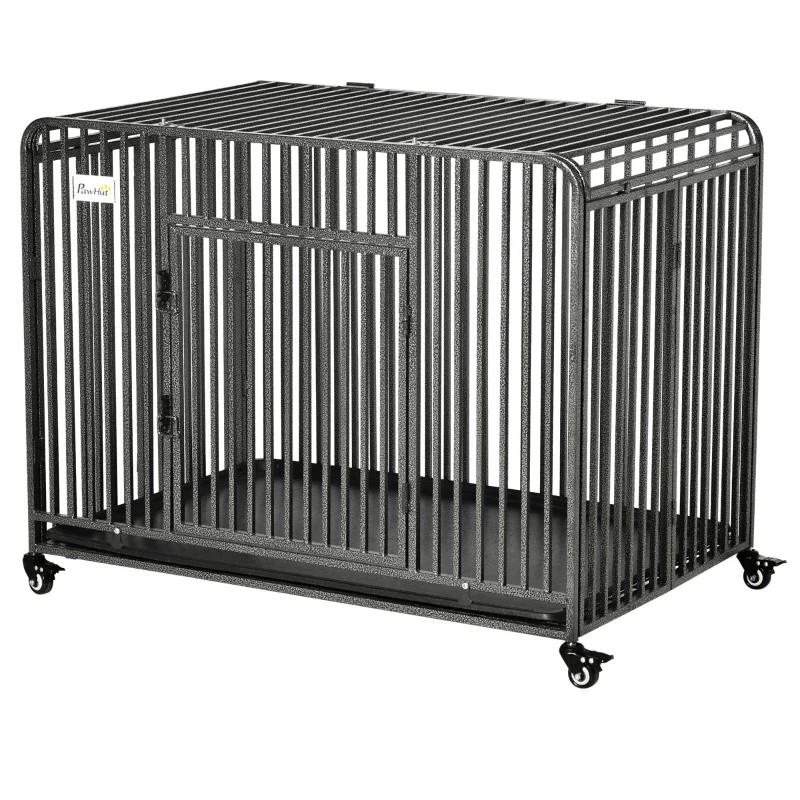 PawHut Heavy Duty Dog Crate, Foldable Pet Kennel Cage, with All Steel Frame Removable Tray, 4 Locking Wheels, for Medium & Large Dogs, Dark Silver