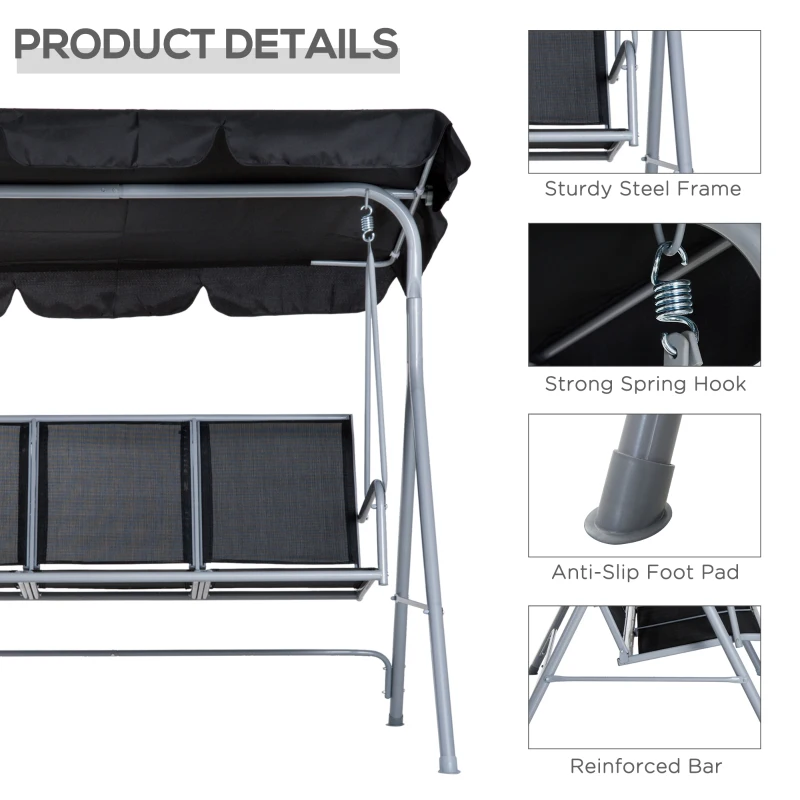 Outsunny 3-Seater Patio Swing, Outdoor Swing Chair, A Frame Porch Swing with Canopy Garden Hammock Glider Bed, Black