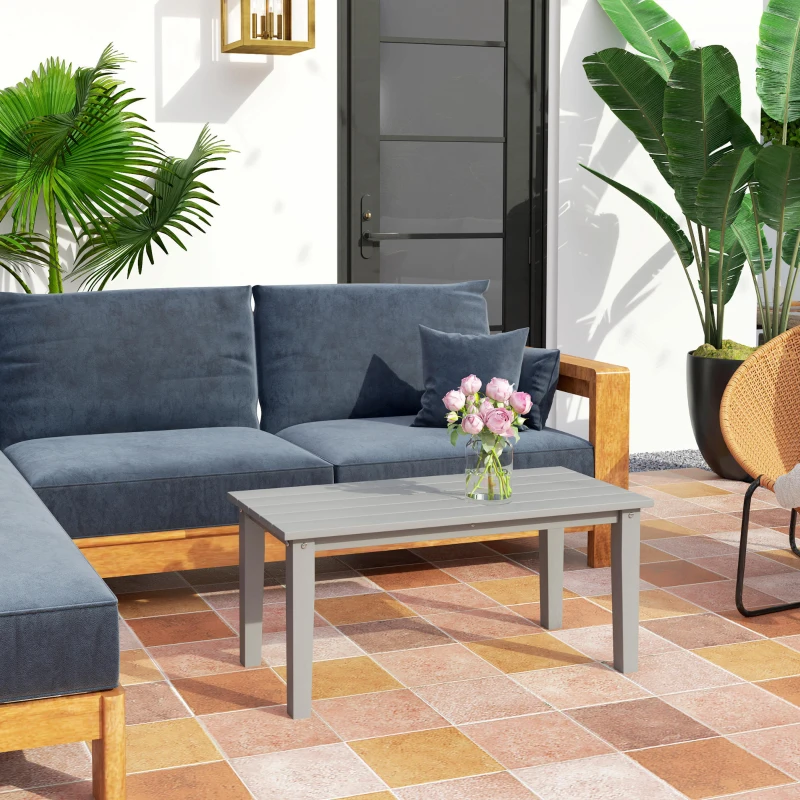 Outsunny Rectangle Outdoor Coffee Table, HDPE All-Weather Outdoor Patio Table with Slatted Tabletop for Yard, Balcony, Gray