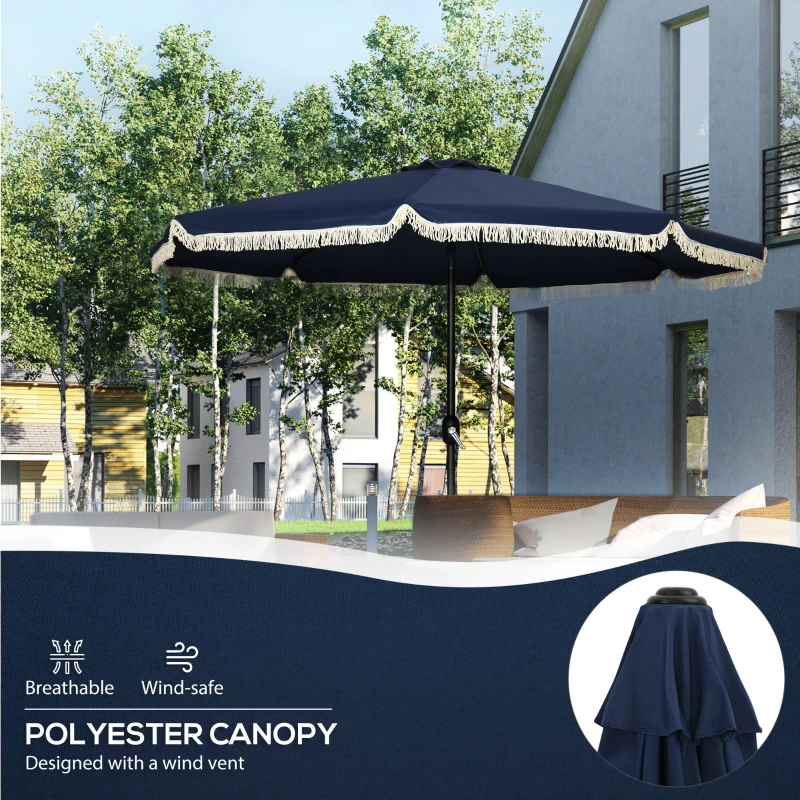 Outsunny 9ft Patio Umbrella Outdoor Table Umbrella w/ Tilt, Crank, Ruffled, 8 Ribs for Garden, Deck, Pool, Dark Blue