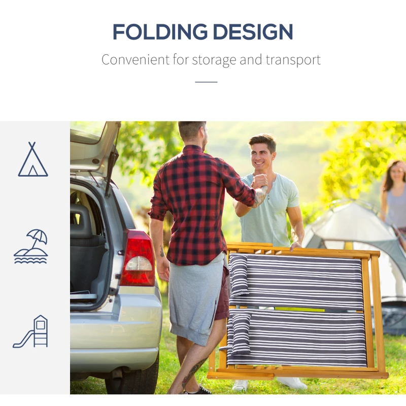 Outsunny 2-Person Sling Chair, Reclining Double Lounger for Patio, Beach, Camping, Lawn, Wood Folding Chair with Recliner Design for 2 Adults, White & Gray Stripes