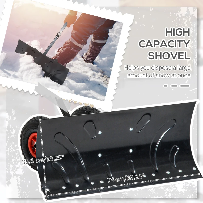 Outsunny Snow Shovel Rolling Pusher with 29" Blade, 10" Wheels & Angle-Adjustable Handle, Black