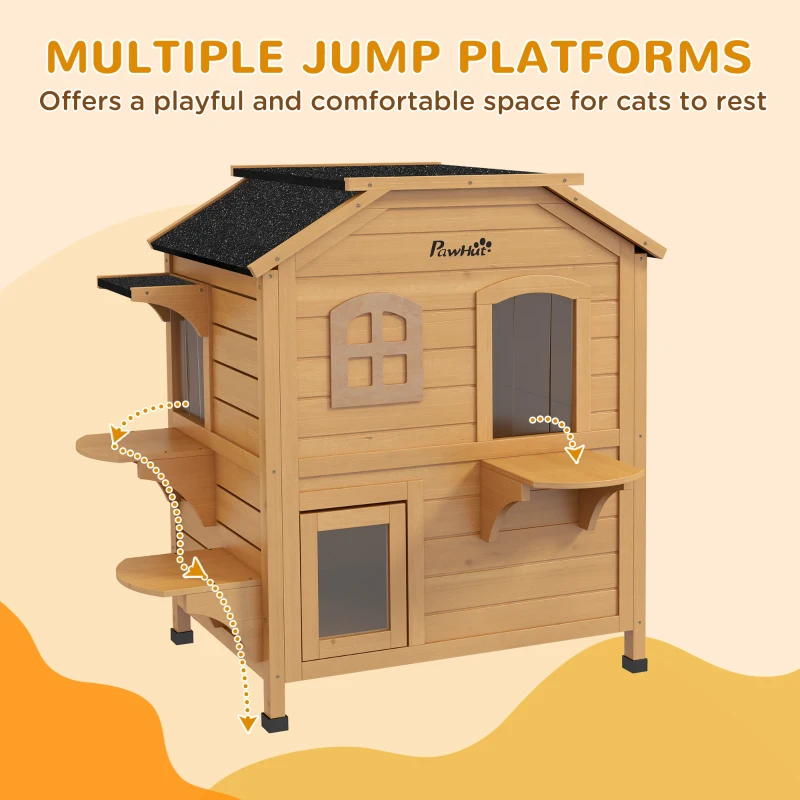 PawHut 2-Storey Outdoor Cat House, Wooden Catio with Openable Roof, Lounge Space, Fun Entrances, for Feral Cats, Yellow
