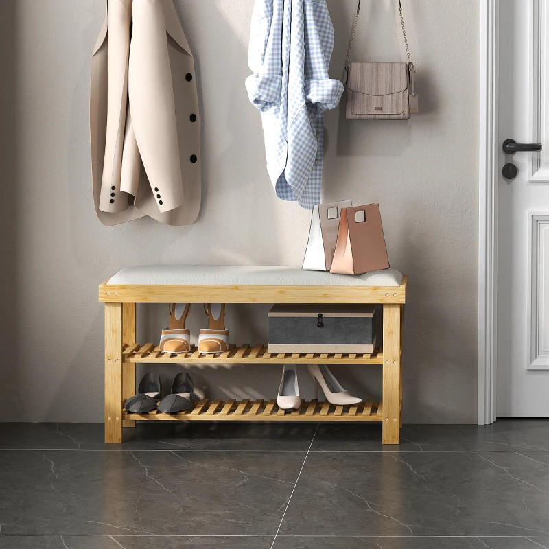 HOMCOM Bamboo Shoe Storage Bench, 3-Tier Entryway Bench with Cushion, Shoe Organizer for Entryway, Hallway, Cream White