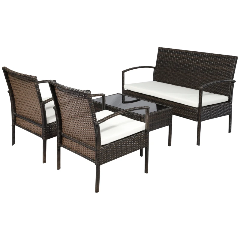Outsunny 4 Pieces Patio Furniture Set with A Loveseat, Two Armchairs and A Coffee Table, Outdoor Conversation Set with Glass Top Table, Brown