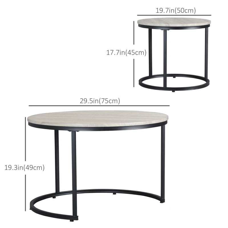 HOMCOM Nesting Coffee Tables Set of 2, Round Coffee Table with Metal Frame, Living Room Tables, Grey Wood Grain