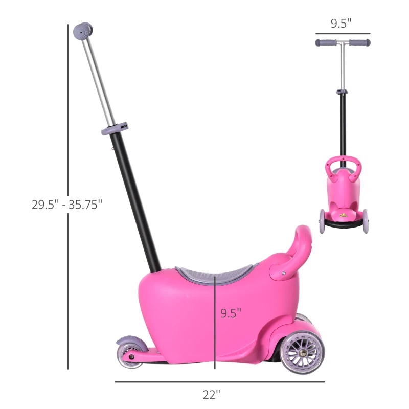 Qaba 3-in-1 Ride On Push Car, Kids Scooter, Sliding Walker, Push Rider, with Adjustable Handlebar, 3 Balanced Wheels, Removable Storage Seat, for Boys and Girls Aged 2-6 Years Olds, Pink