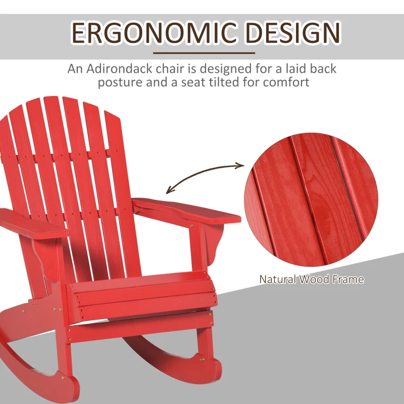 Outsunny Wooden Adirondack Rocking Chair Outdoor Lounge Chair Fire Pit Seating with Slatted Wooden Design, Fanned Back, Red