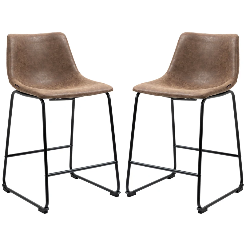 HOMCOM Counter Height Bar Stools, Vintage PU Leather Barstools with Footrest for Dining Room, Home Bar, Kitchen, Set of 2, Brown
