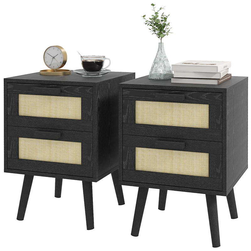 HOMCOM Boho Nightstands Set of 2, Bedside Tables with 2 Drawers for Living Room, Bedroom, Black