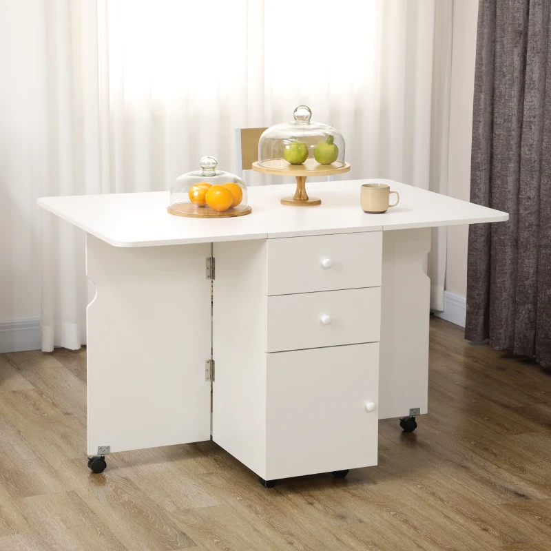HOMCOM Extendable Dining Table, Drop Leaf Table with 2 Drawers, Cabinet and 6 Wheels for Small Spaces, Kitchen, White