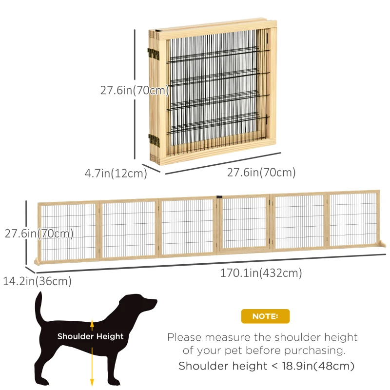 PawHut Wooden Pet Gate, Dog Safety Barrier, Freestanding Foldable Fence, w/ 6 Panels, 2 Support Feet, for House Doorway Stairs, Small & Medium Dogs, Natural Wood