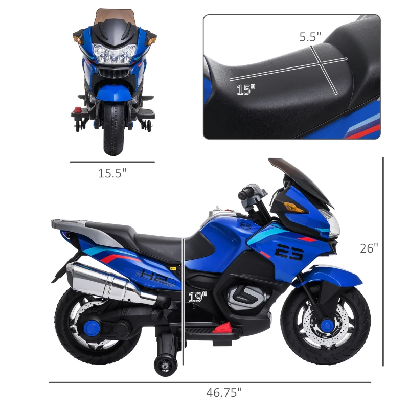 Aosom 12V Kids Electric Motorcycle with Training Wheels, Battery Power Ride on Motorbike, High-Traction at 3.7 Mph Top Speed, with Light Music, Blue