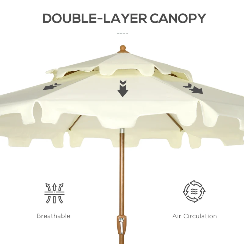 Outsunny 9' Patio Umbrella with Push Button Tilt and Crank, Double Top Ruffled Outdoor Market Table Umbrella with 8 Ribs, for Garden, Deck, Pool, Cream White