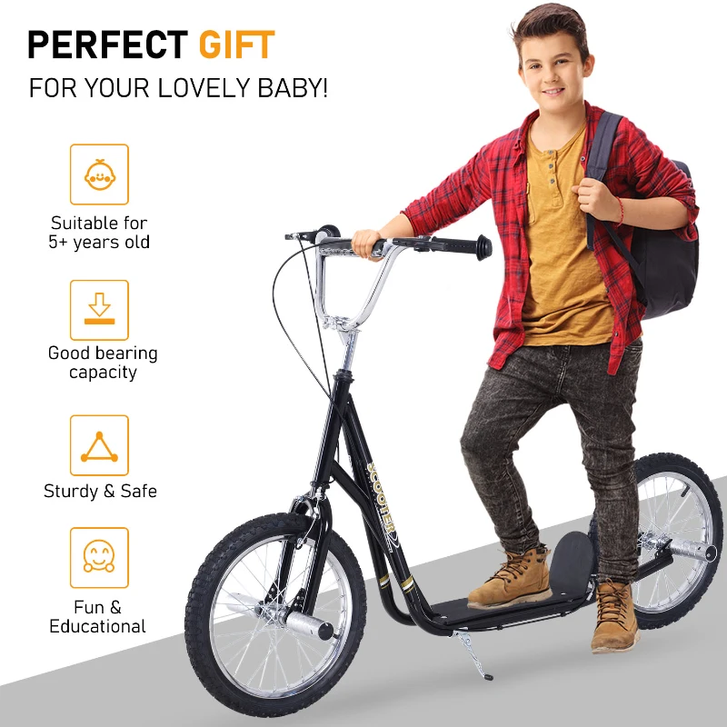HOMCOM Youth Scooter Teen Kick Scooter Kids Children Stunt Scooter Bike Bicycle Ride On 16" Inflatable Wheels Black
