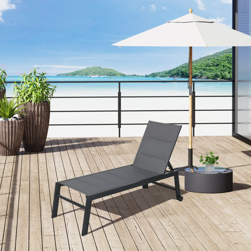 Outsunny Outdoor Chaise Lounge with Wheels, Five Position Recliner for Sunbathing, Suntanning, Steel Frame, Breathable Fabric for Beach, Yard, Patio, Gray