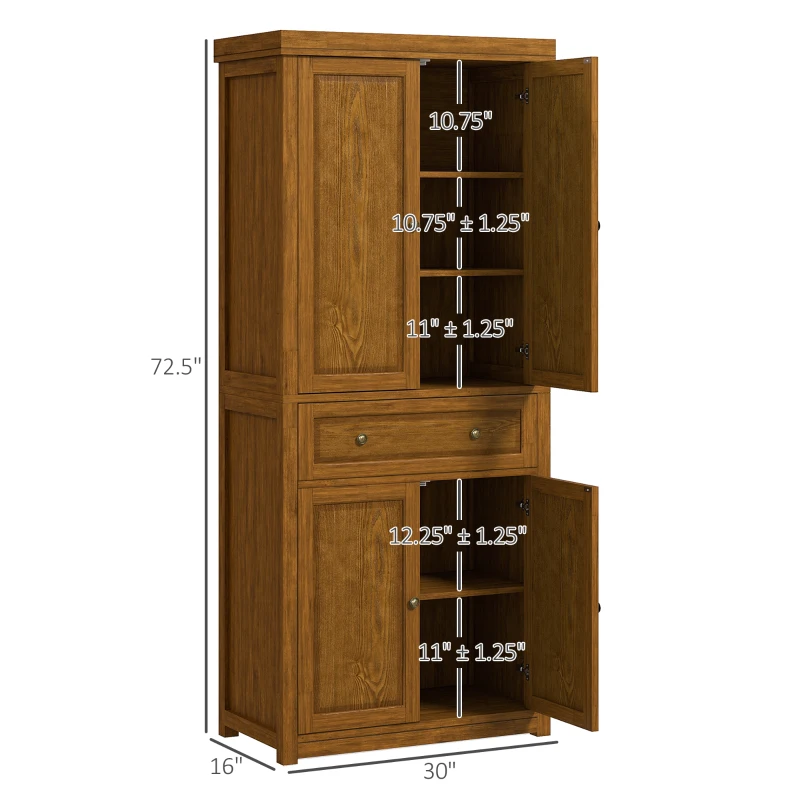HOMCOM 72.5" Kitchen Pantry Cabinet, Tall Storage Cabinet with Doors, Drawer, and Adjustable Shelves, Distressed Brown