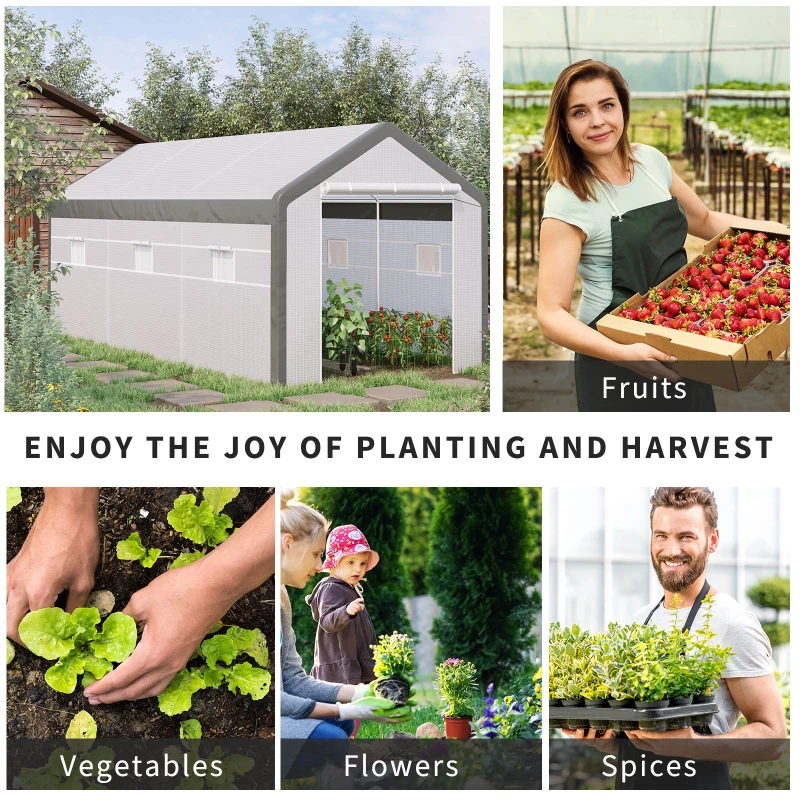 Outsunny 20' x 10' x 9' Walk-in Greenhouse with Roll Up Doors & 6 Windows Plant Growth Warm House Outdoor, PE Cover, White