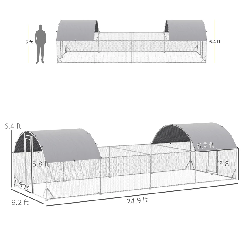 PawHut Large Metal Chicken Run with Water-Resistant and Anti-UV Cover, Door, for 20-24 Chickens, Silver