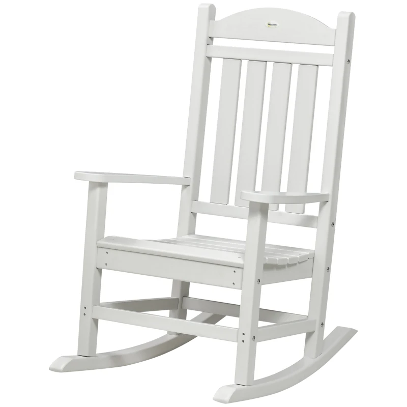 Outsunny Outdoor Rocking Chair, All Weather-Resistant HDPE Rocking Patio Chairs with Rustic High Back, Armrests, Oversized Seat and Slatted Backrest, 350lbs Weight Capacity, Light Gray