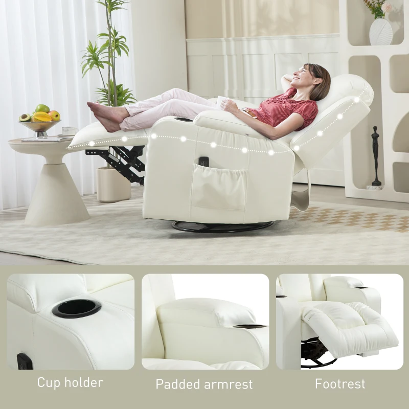 HOMCOM Swivel Massage Recliner Sofa, Overstuffed Manual Reclining Sofa, PU Leather Rocking Chair with Side Pockets, Cup Holders, for Living Room, Nursery, Cream White