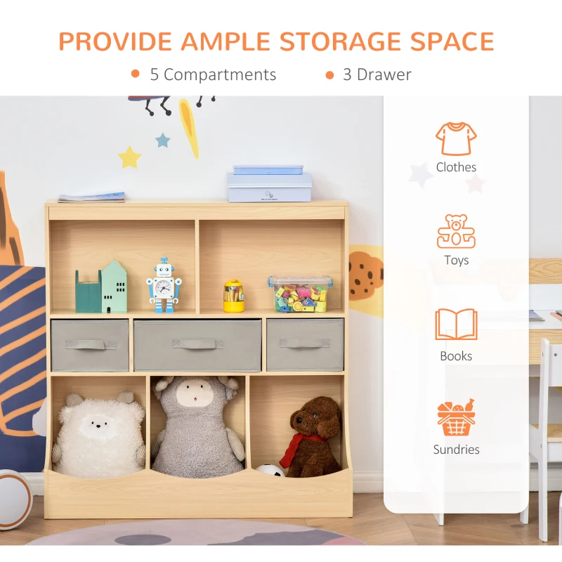 HOMCOM Kids Bookcase, Toy Storage Organizer Cabinet, Children Display Bookshelf with Drawers for Toys, Clothes, Books, Natural Wood Color