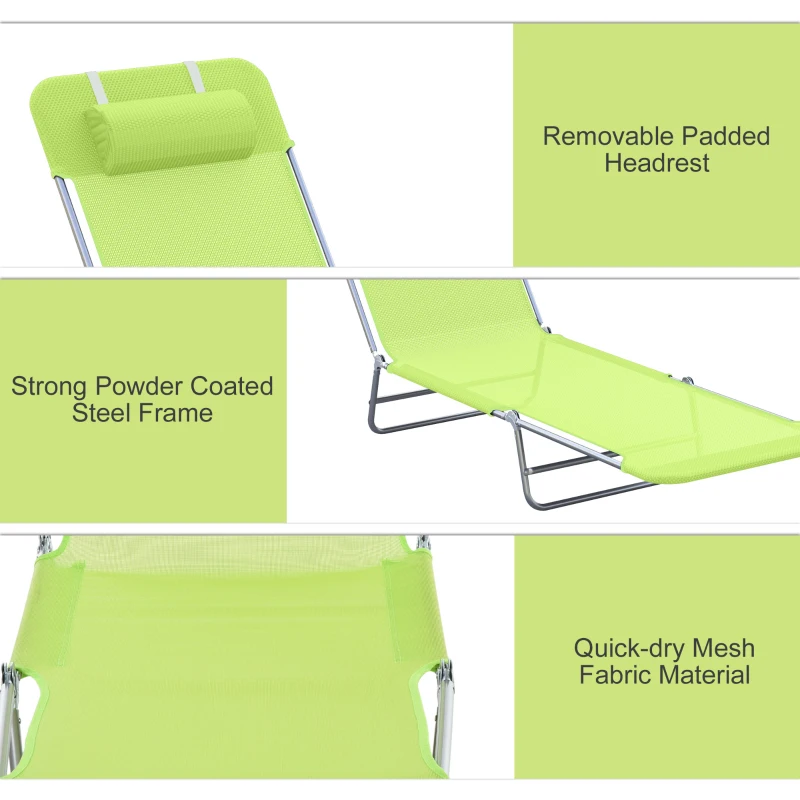 Outsunny Outdoor Lounge Chair, Portable Adjustable Reclining Seat Folding Chaise Lounge Patio Camping Beach Tanning Chair Bed with Pillow, Light Green