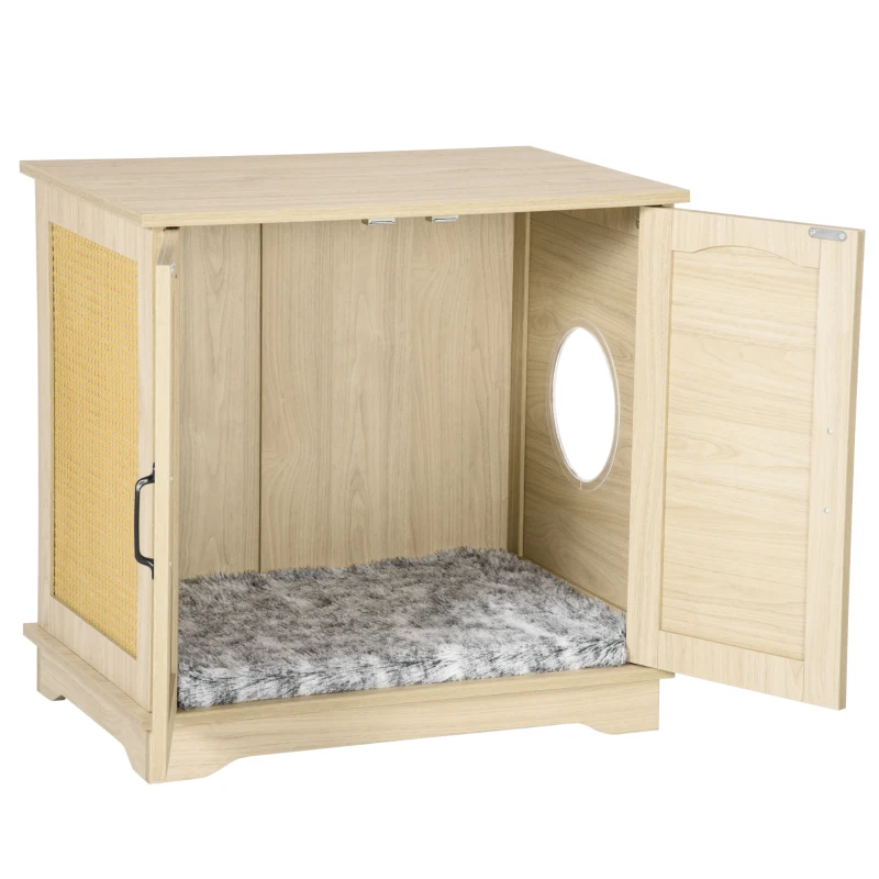 PawHut 3-in-1 Cat Litter Box Furniture Hidden, Cat Cabinet Bed, End Table with Rattan, Kitty Bed with Plush Foam Cushion, Modern Cat Bedding House with End Table Use, Oak