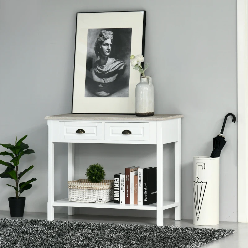HOMCOM Console Table with 2 Storage Drawers and Open Shelf, Vintage Distressed Sofa Table for Hallway, Living Room, or Bedroom, White