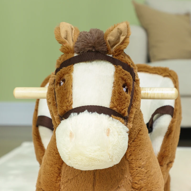 Qaba Baby Rocking Horse, Kids Ride-on with Sound, Wooden Base & Safety Belt for Ages 18-36 Months, Brown
