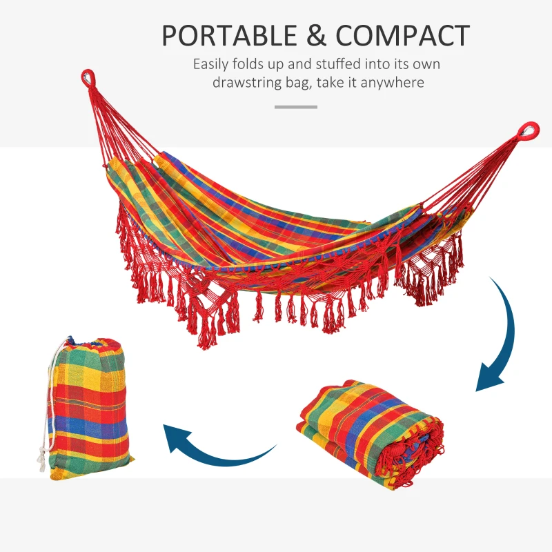 Outsunny Brazilian Style Hammock Extra Large Cotton Hanging Camping Bed with Carrying Bag, for Patio Backyard Poolside, Rainbow Stripe