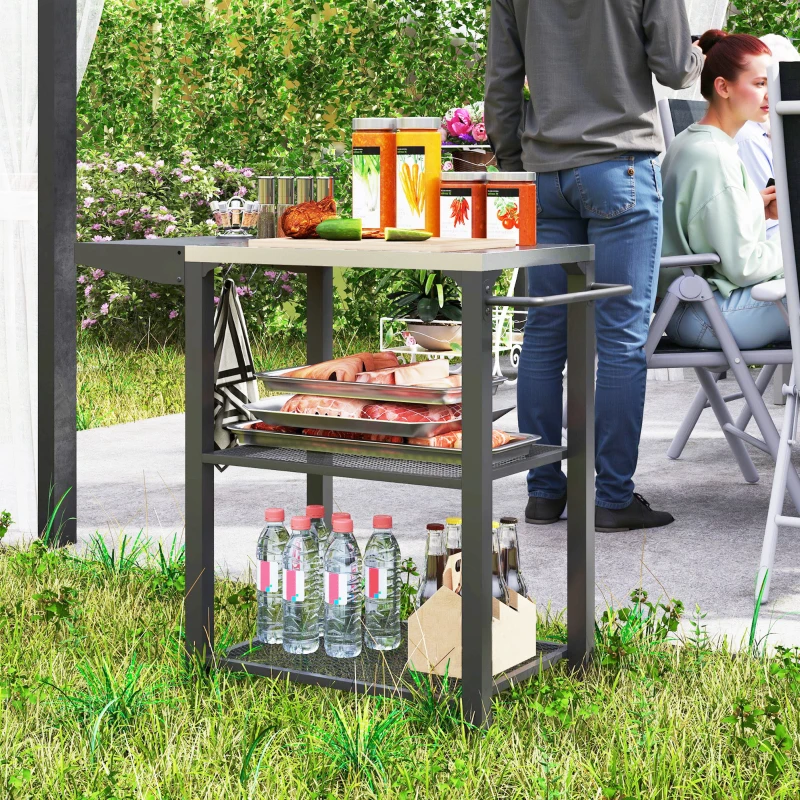 Outsunny Three-Shelf Outdoor Grill Cart Table with Foldable Side Table, Stainless Steel Top Pizza Oven Stand with Hooks, Silver