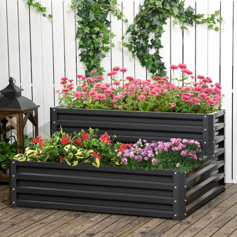 Outsunny 2 Tier Raised Garden Bed, 47" x 40" x 23" Galvanized Steel Planter Box for Vegetables, Flowers, and Herbs, Dark Grey