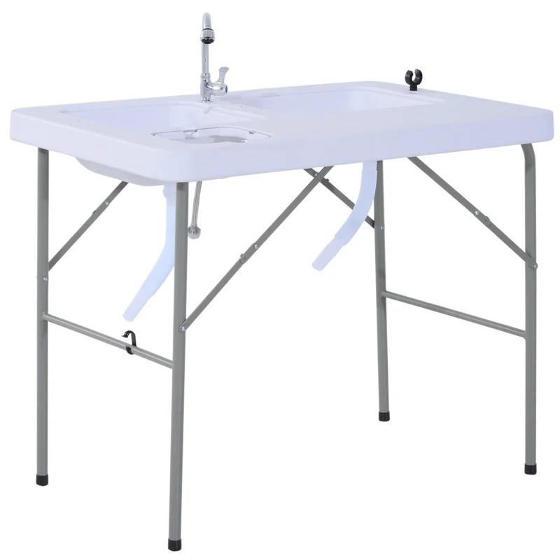 Outsunny 2-in-1 Folding Table with Faucet and Sinks Portable Outdoor Camping BBQ Fishing Table, White