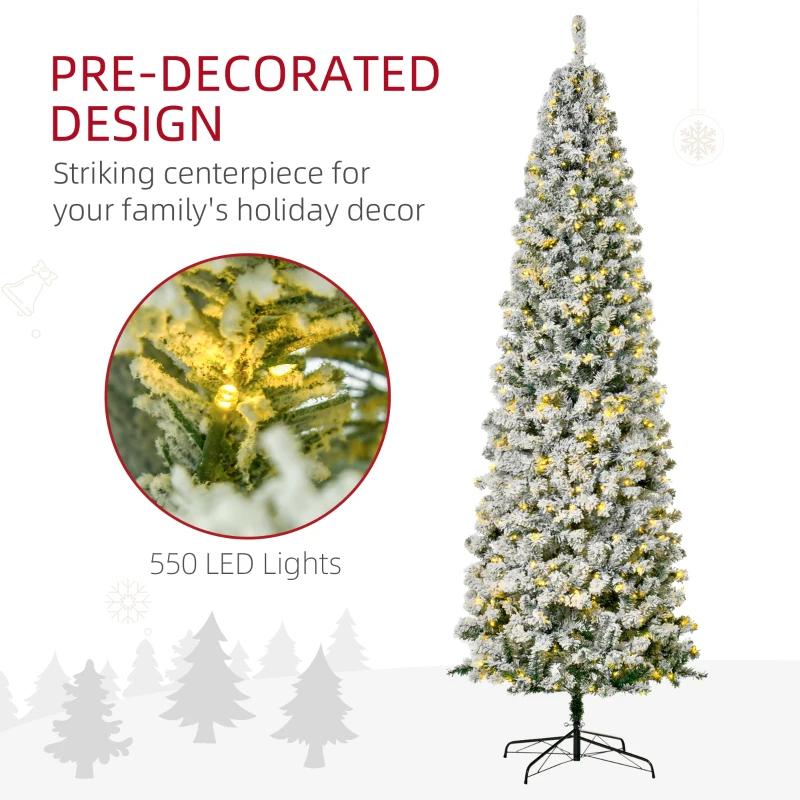 HOMCOM 9ft Pre Lit Christmas Tree Artificial Snow Flocked Pencil Christmas Tree with Warm White LED Light, Holiday Home Xmas Decoration, Green