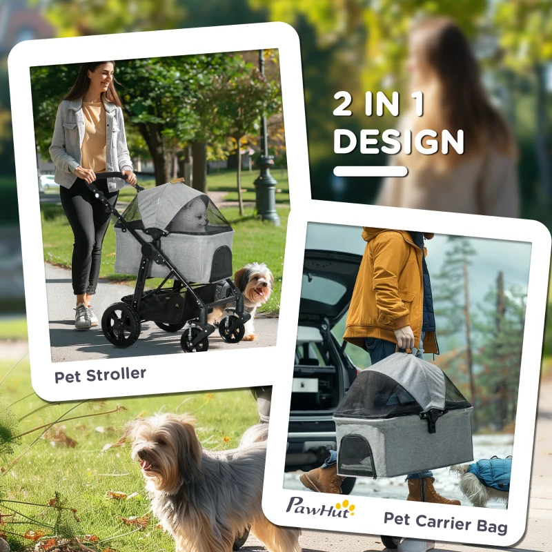 PawHut 2 in 1 Dog Stroller with Detachable Carriage Bag, Adjustable Canopy, Safety Leashes, Storage Basket for S Dogs, Grey