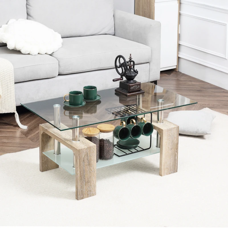 HOMCOM Rectangle Glass Coffee Table, 2-Tier Center Table with Tempered Glass Top and Storage Shelf for Living Room, Natural